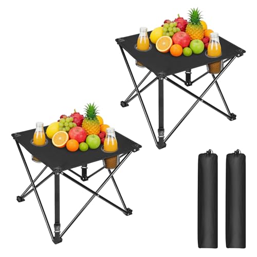2 Pack Portable Camping Table, Ultralight Picnic Table Foldable with 2 Cup Holders and Carrying Bag for Outdoor Camping Picnic BBQ Beach Party Patio Fishing, Steel Frame, High-Grade 600D Oxford Fabric - color: Black, size: 2 Pack