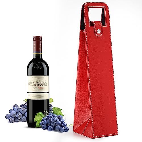 RYDDOY Wine Gift Bag, Reusable Leather Wine Tote Carrier, Single Bottle Champagne Beer Gift Bags Carrier for Birthday, Wedding, Picnic Party, Christmas festival Gifts (Red) - color: A-Red-16.1×3.5×3.5