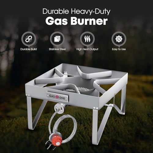 GasOne Stainless Steel Outdoor Propane Burner – High Pressure Camp Stove with Adjustable Regulator & Steel-Braided Hose - color: Stainless Steel