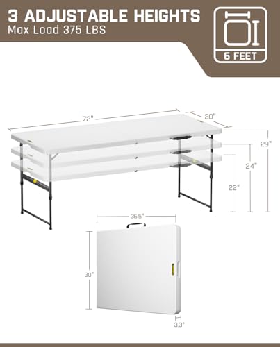 FanttikOutdoor 6ft Folding Table, 3 Heights, One-Handed Height Adjustment, Gravity Lock, Carry Handle, Indoor Outdoor Heavy Duty Fold-in-Half Portable Utility Table, Party, Granite White Zeta X6 Pro - color: Granite White
