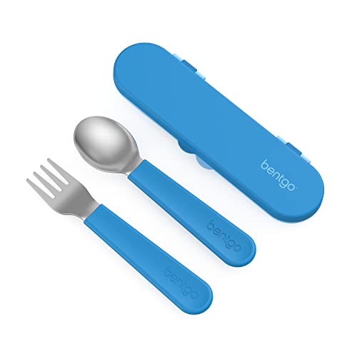 Bentgo Kids Stainless Steel Utensil Set - Reusable Fork, Spoon & Storage Case, PFAS- & BPA-Free, Easy-Grip Handles, Lightweight, Dishwasher Safe, School Lunch, Travel & Outdoors (Blue) - color: Blue