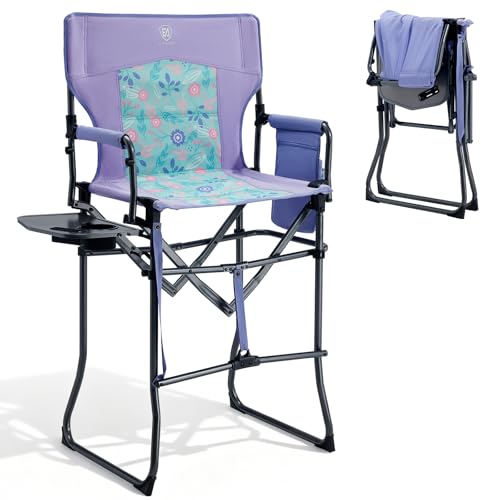 EVER ADVANCED Portable 30.7" Seat Height Tall Folding Camping Chair Directors Chair High Foldable Bar Stool with Side Table for Makeup Artist, Sports Event, Craft Show, Supports 350LBS - color: Purple