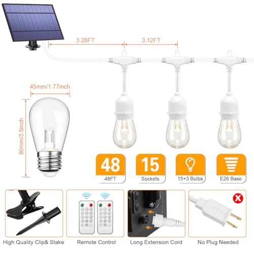 Mlambert 3-Color in 1 Dimmable Solar String Lights Outdoor, 48FT Patio String Lights with Remote and 15+3 Waterproof LED Bulbs for Bistro-White Cord - color: White, size: 48FT