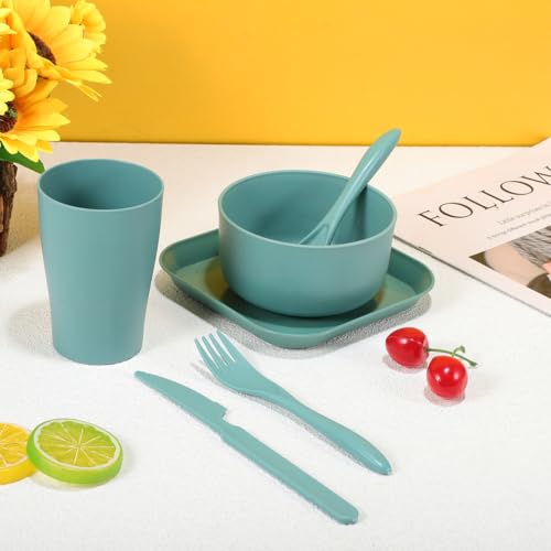 Wheat Straw Tableware Set Unbreakable Dinnerware with Reusable Utensils Lightweight Plates Bowls and Cutlery for Home Picnic Travel Dishwasher Safe