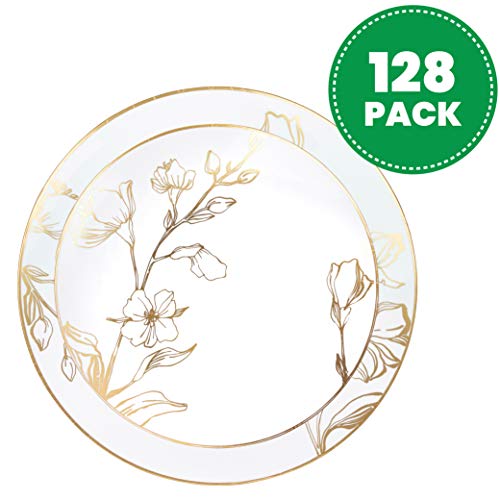 PLASTICPRO 128 Piece Combo Plates Set includes 64 7'' inch Plates & 64 10'' inch Plates White Plastic Floral Design Party Plates With Gold Rim, Premium Elegant, Tableware, Dishes, - size: 128 Plates (64 sets)