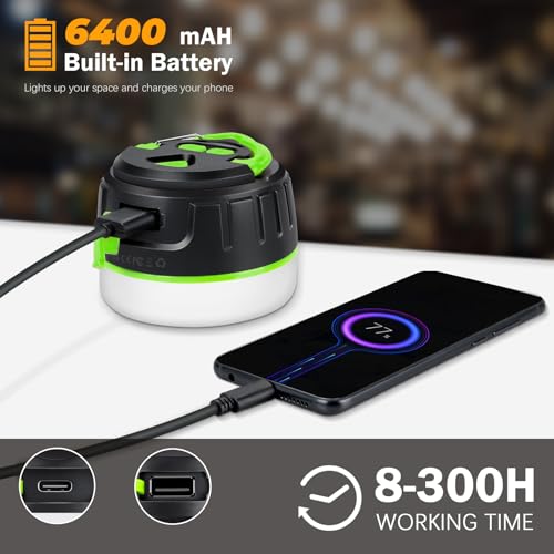 Yonktoo Rechargeable Camping Lantern with 6400mAh Battery, 300 Hour Runtime, 5 Light Modes, Adjustable Brightness, Waterproof, Hook & Magnetic Base, Battery Operated for Camping & Power Outages - color: Green, size: Standard Edition