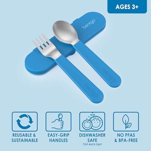Bentgo Kids Stainless Steel Utensil Set - Reusable Fork, Spoon & Storage Case, PFAS- & BPA-Free, Easy-Grip Handles, Lightweight, Dishwasher Safe, School Lunch, Travel & Outdoors (Blue) - color: Blue