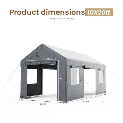COSIEST 10'×20' Storage Shelter Outdoor Gable Roof Carport with Removable Side Walls, Heavy-Duty Garage Canopy Weatherproof PE Cover, Multi-Purpose Vehicle/Tractor Shed for Backyard/Driveway/Farm - color: Gray, size: 10x20 FT Gable Roof
