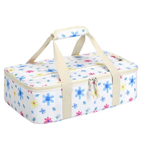 Corduroy Casserole Carrier, Insulated Lasagna Lugger for Hot/Cold Food, Fits 9" x 13" Baking Dish, Thermal Lunch Tote for Potluck & Picnic - Corduroy Colored Flowers - color: Corduroy Colored Flowers, size: 16x10x4 in