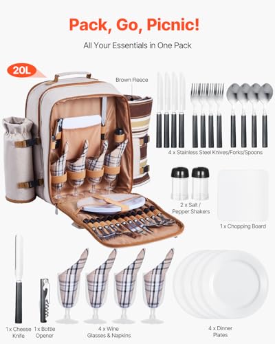 VEVOR Picnic Backpack, Beach Picnic Backpack Bag for 4 Person with Insulated Cooler Compartment, Detachable Bottle/Wine Holder, Lightweight Blanket, Plates & Cutlery Set for Outdoor, Hiking, Camping - size: single layer for 4 & gray