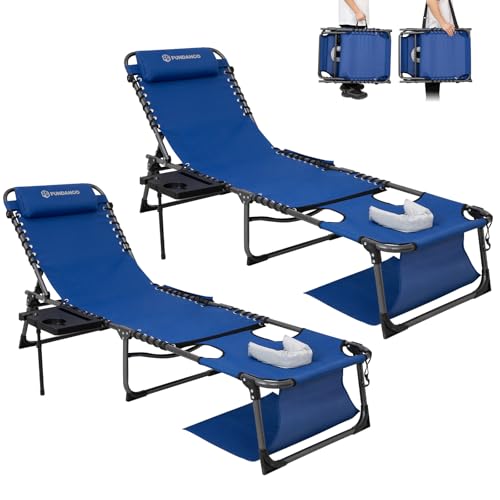 FUNDANGO 4 in 1 Tanning Chair with Face Hole, Beach Lounge Chair w/Canopy Shade & Side Table Chaise Lounge Chairs for Patio, Pool, Lawn, Sunbathing, 5-Position Adjustable Sun Lounger, Set of 2 Blue - color: #Ucp 2 Pack Blue, style: UltimateComfort Pro 5 P