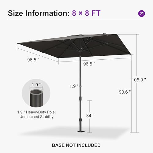 PURPLE LEAF 8' x 8' Square Semi-Auto Outdoor Patio Umbrella Aluminium Market Umbrella Table Sun Umbrella with 1.89" Rod and 8 Sturdy Ribs for Deck Lawn Pool Garden, Gray - color: Gray, size: 8' x 8'