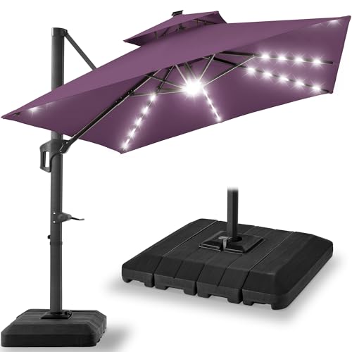 Best Choice Products 10x10ft Cantilever Patio Umbrella w/Base Included, Solar LED Lights 360 Rotation Large Offset Hanging Outdoor Shade for Deck Pool Backyard w/Stand – Amethyst Purple - color: Amethyst Purple, size: 10x10ft