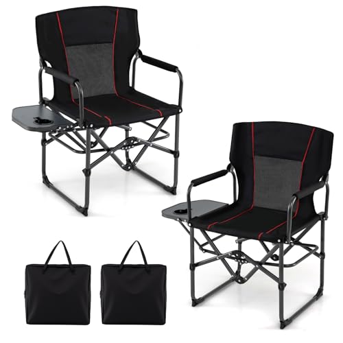 Goplus Folding Camping Chair, 2 Pack Heavy-Duty Director Chair with Side Table & Cup Holder, Portable Padded Chair with Carrying Bag for Picnic Beach Fishing Sports, Supports up to 500 LBS, Black - color: Black