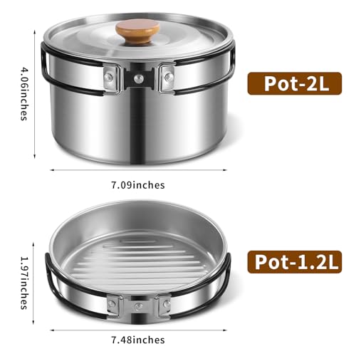 12pcs Outdoor Camping Cookware Kit, Lightweight Stainless Steel Kettle, Non-Stick Pot and pan, with Fork Spoon Kits Suitable for picnics and Backpacking Trips