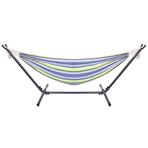 Double Hammock with Steel Stand, Adjustable Hammock Bed,Portable Outdoor Polyester Hammocks Set,2-Person Heavy-Duty Hammocks for Camping Garden Backyard Patio,250lbs Capacity (Green Stripe) - color: Green Stripe