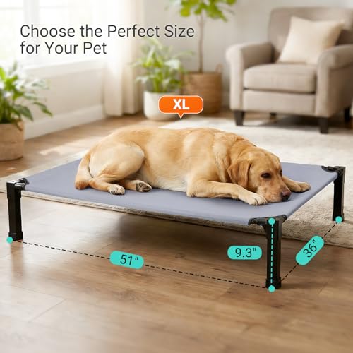 Niubya Elevated Outdoor Dog Bed, Cooling Elevated Pet Cot, Steel-Framed and Non-Slip Feet, Raised Dog Bed with Waterproof, Washable, Breathable Teslin Mesh, 51in - color: Grey, size: 51"L x 36"W x 9.4"H
