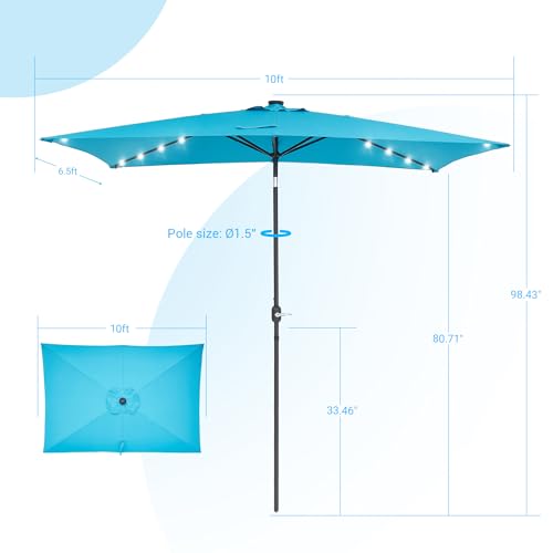 Rectangle Patio Umbrella with Solar Lights, 10 x 6.5ft Rectangular Outdoor Umbrella Table Market Patio Umbrella with Push Button Tilt and Crank for Garden, Deck, Backyard, Pool - color: Turquoise