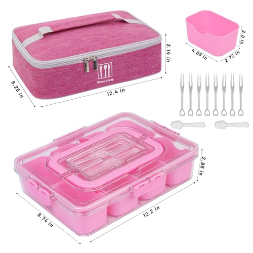 Snack Box Container with Insulated Cooler Bag, Divided Serving Tray with Lid and Handle Beach Essentials, Snackle Box Veggie Fruit Tray with 8 Compartments & 8 Forks & 2 Spoon Pink - size: Pink