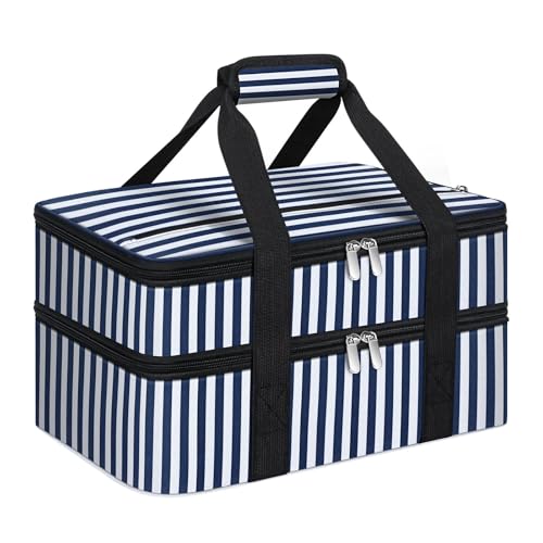 Double Insulated Casserole Carrier, Portable Casserole Carrier for Hot or Cold Food Lunch Tote Warmer or Cooler Bag, Lasagna Lunch Bag for Potluck Parties- Fits 9" x 13" Baking Dish-Blue Stripes - color: Blue Stripes, size: 16x10x7.2 in