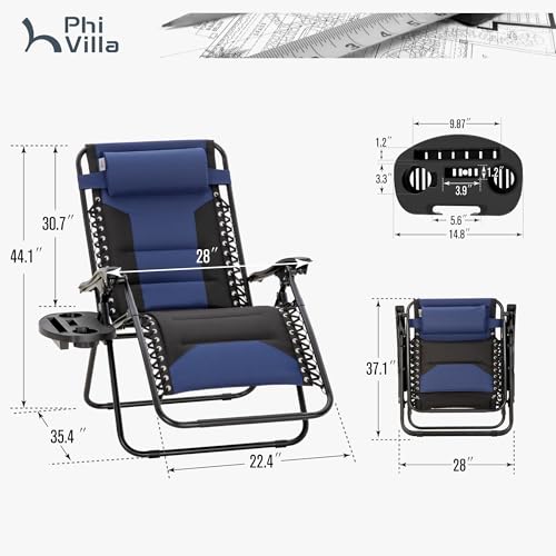 PHI VILLA Zero Gravity Chair Set of 2, Padded Anti Gravity Recliner, Oversized 28" Wide Seat, Foldable Patio Lounger with Armrest & Cup Holder, Supports 400 LBS (Blue Black) - color: Blue