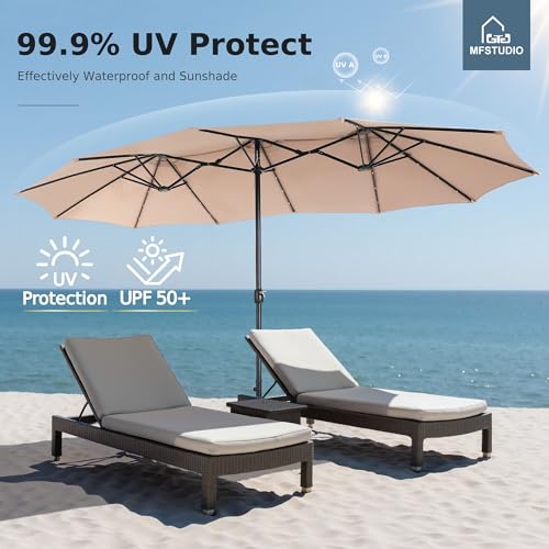 MFSTUDIO 15ft Double Sided Patio Umbrella with Solar Lights, Outdoor Large Umbrellas with Crank Handle and 36 LED Lights, Rectangular Market Umbrella with Base Included for Deck Pool Shade, Beige - color: Beige