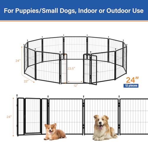Dog Playpen 24 inch 12 Panels for Indoor & Outdoor Use – Heavy-Duty Metal Pet Fence with Ground Stakes, Rounded Ball Tops for Safety, Stable & Foldable Design, Easy to Assemble - size: 24inch, style: 12 Panels