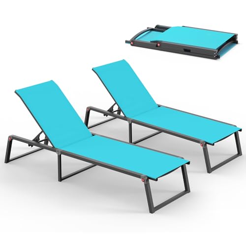 Aluminum Chaise Lounge Chair Outdoor, Foldable& No Assembly Patio Pool Lounge Chairs 5-Position Recliner for Outside, Fully Grounded Legs Sun Lounger for Poolside, Lake Blue, 2 Pack - color: Lake Blue, size: 2