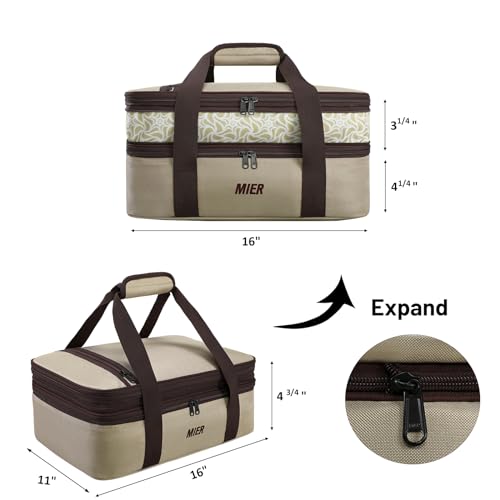 MIER Insulated Double Casserole Carrier Bag Thermal Lunch Tote for Lasagna Lugger, Potluck Parties, Picnic, Beach, Fits 9 x 13 Inches Baking Dish, Casserole Dish, Expandable by Mid Zipper, Khaki - color: Khaki