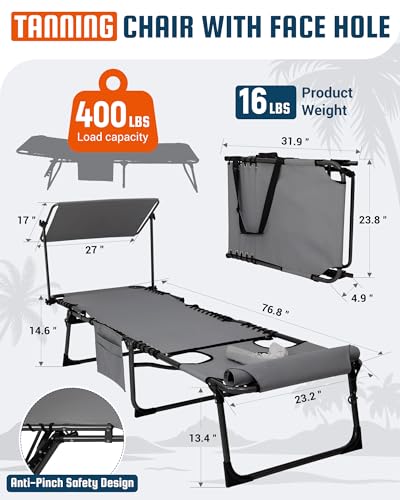 KingCamp Lounge Chair with face Hole & Canopy Shade, 400LBS Folding Portable Tanning Chair with face Hole, Adjustable 5-Position Foldable Beach Sun Tanning Chair for Outside Beach Patio Outdoor Pool - color: C*skyshade Canopy——grey Canopy, style: 400lbs&P