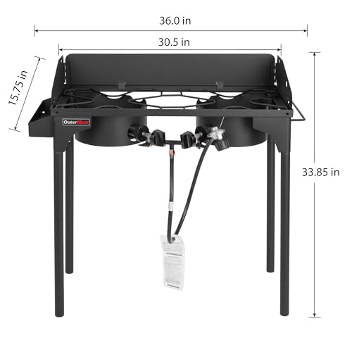 OuterMust Propane Double Burner for Outdoor Cooking Two Camping Stove with Removable Windscreen and Detachable Legs Stand for Home Brewing, Camping, BBQ - size: dual burners with wind gard