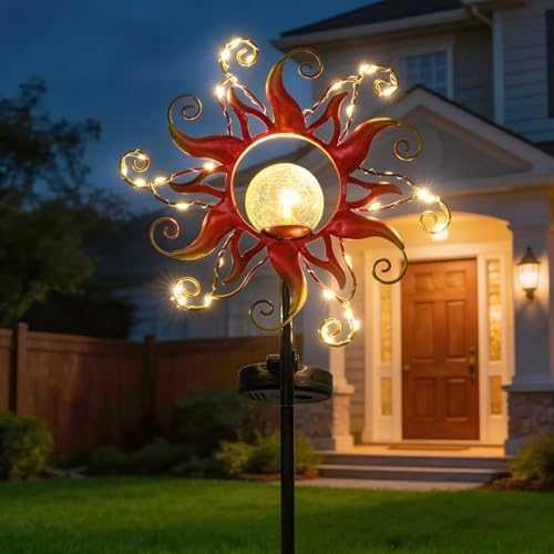 Solar Lights Outdoor Waterproof Red Sun Metal Crackle Glass Stake Decorative for Outside,Yard,Lawn,Patio,Walkway Mothers'Day Gifts Mom Grandma Garden Lover - color: Red