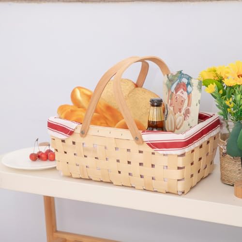 Bamboo Picnic Basket with Handle，Natural Woodchip Basket with Washable Lining for Camping（14X7.5X5.5inches） (Red) - color: Red