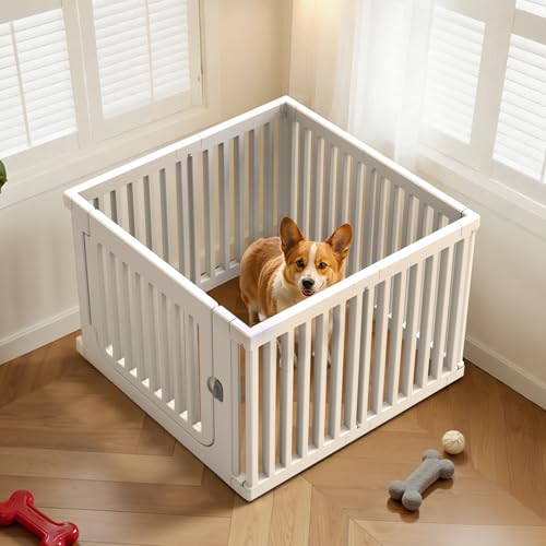 23.6" H Plastic Pet Playpen with Lockable Wide Door, 7 Panels Expandable Pet Fence with Portable Indoor/Outdoor, Easy Setup & Clean for Pets up to 22lbs or Baby (White) - color: White