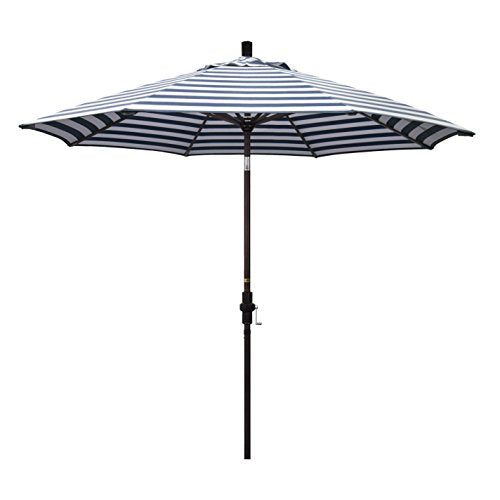 California Umbrella 9' Round Aluminum Patio Umbrella, Crank Lift, Collar Tilt, Bronze Pole, Navy/White Stripe Olefin - color: Navy/White