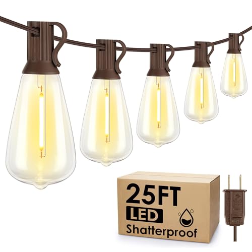 Larkvue 25FT Outdoor String Lights, Patio Lights with 10+1 LED Dimmable Waterproof Shatterproof Linkable ST38 Bulbs for Fence Porch Gazebo, Brown - color: Brown, size: 25FT