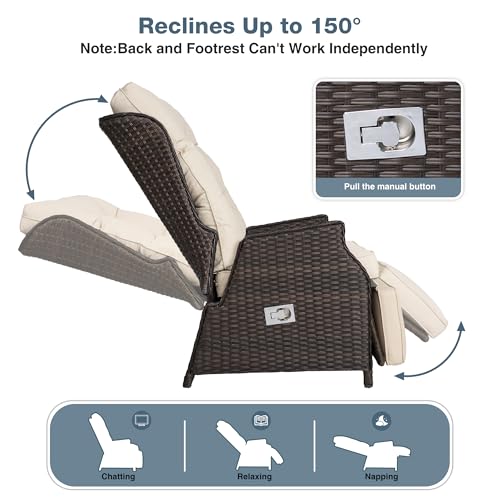 Outdoor Indoor Wicker Recliner with Adjustable Back and Footrest, Patio Reclining Chair with Flip-up Table, Outdoor Rattan Lounge Chair, Upgrade Beige - color: Upgrade Beige, size: 1PCS