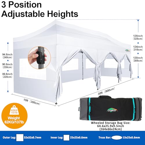 COBIZI 10x30 Pop up Canopy Tent 10x30 Canopy with 8 Sidewalls Waterproof Heavy Duty Commercial Canopy Tent for Parties Outdoor Garden Gazebo, Carry Bag with Wheel(10x30ft, White) - color: White, size: 10X30FT 8 Sidewalls