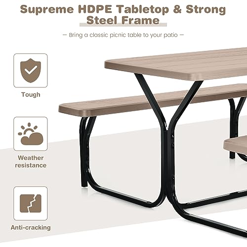 Moccha Picnic Table Bench Set, Portable Plastic Picnic Table w/Steel Frame & Wood-Like Texture, All Weather Heavy Duty Picnic Table Kit, Picnic Tables for Outdoors Garden Patio Dining (Light Brown) - color: Light Brown