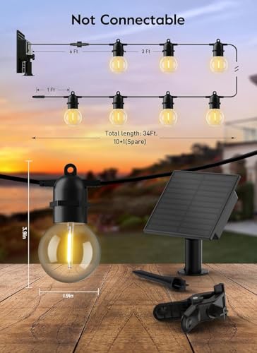 Brightown 34FT Outdoor Solar String Lights - LED G40 Pro Patio Energy Saving with 11 Shatterproof Bulbs, 3 Light Modes Waterproof Hanging Lights for Outside Garden Backyard Decor - Last for 20Hrs+ - size: 34ft 11led
