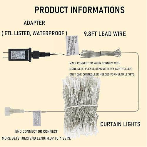 Dazzle Bright 300 LED Curtain String Lights, Christmas Fairy Lights for Bedroom with 8 Lighting Modes, Connectable Waterproof Window Lights Party Wedding Garden Wall Decor, Blue - color: Blue