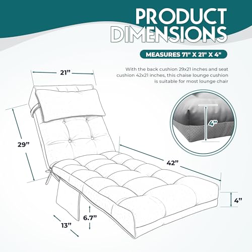 Outdoor Chaise Lounge Chair Cushion, Waterproof Outdoor Chair Cushions for Patio Furniture, 71 x 21 x 4 Inches Replacement Chaise Lounge Cushion with Ties (Grey) - color: Grey
