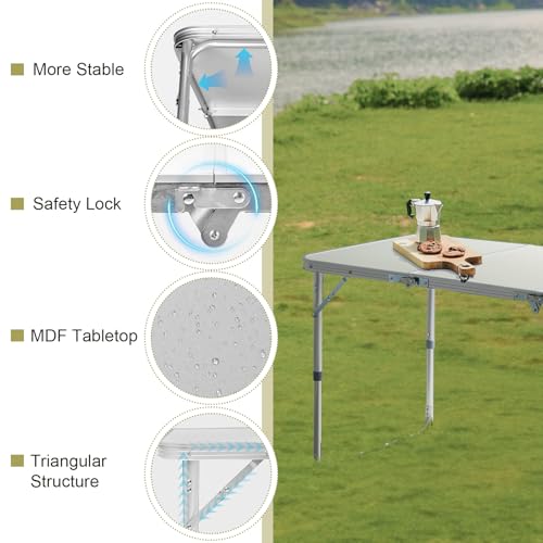 4.0 Ft Folding Portable Camping Table, Adjustable Height, Outdoor Waterproof Aluminum Lightweight Suitcase Table for Picnic, BBQ, Beach, Dining - color: White, size: 4 Ft