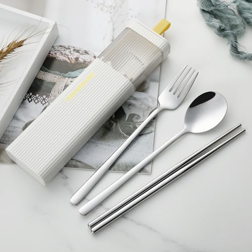 DEVICO Travel Utensils with Case, Stainless Steel Reusable Camping Silverware Set for Lunch Box, Portable Cutlery Kit Includes Fork, Spoon, Chopsticks (White) - color: White