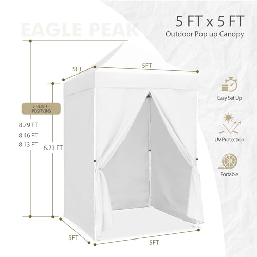 EAGLE PEAK 5x5 Instant Canopy with 4-Side Wall Panels, Small Pop up Portable Canopy Tent with Carry Bag, Light Weight Sun Shelter for Sports, Camping and Beach, White - color: White