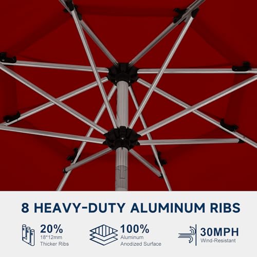 9FT 3-Tier Aluminum Outdoor Patio Umbrella, Fade-Resistant Market Umbrella with Push Button Tilt Function, 8 Sturdy All-Aluminum Ribs for Gardens, Patios, Backyards & Pools - color: Burgundy, size: 9FT-3Tier (Aluminum Umbrella)