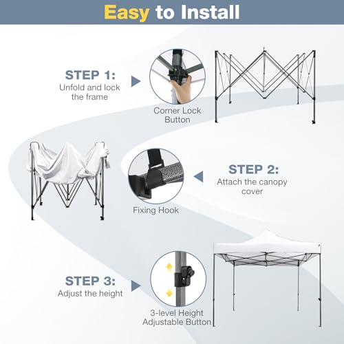 Tangkula 10x10 FT Pop Up Canopy, Instant Setup Outdoor Tent with Heavy-Duty Carbon Steel Frame, Wheeled Bag, 4 Sandbags, 8 Stake, 4 Ropes, Portable Canopy Tent for Parties Events Camping (White) - color: White