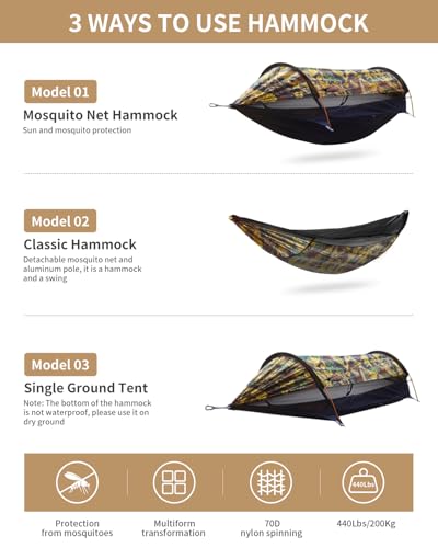 Camping Hammock Tent with Mosquito Net and Sunshade, Extra Large for 2 Person, Lightweight Hanging Hammocks Tree Straps, Bivvy Ground Tent for Outside, Hiking, and Travel - color: Hammock-camouflage