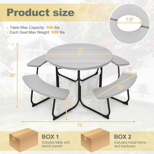 Tangkula 8 Person Picnic Table, Outdoor Round Picnic Table with 4 Built-in Benches, Umbrella Hole, Metal Frame & HDPE Tabletop, Outside Table and Bench Set for Backyard, 2300lbs Weight Capacity - color: Grey