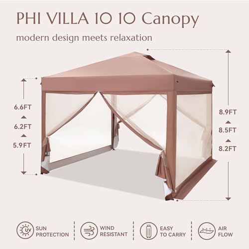 PHI VILLA 10 x 10 Pop Up Canopy Tent with Netting, Instant Gazebo, Ez up Screen House Room with Carry Bag, Height Adjustable, for Outdoor, Garden, Patio,Brown - color: Brown, size: 10x10 with Netting